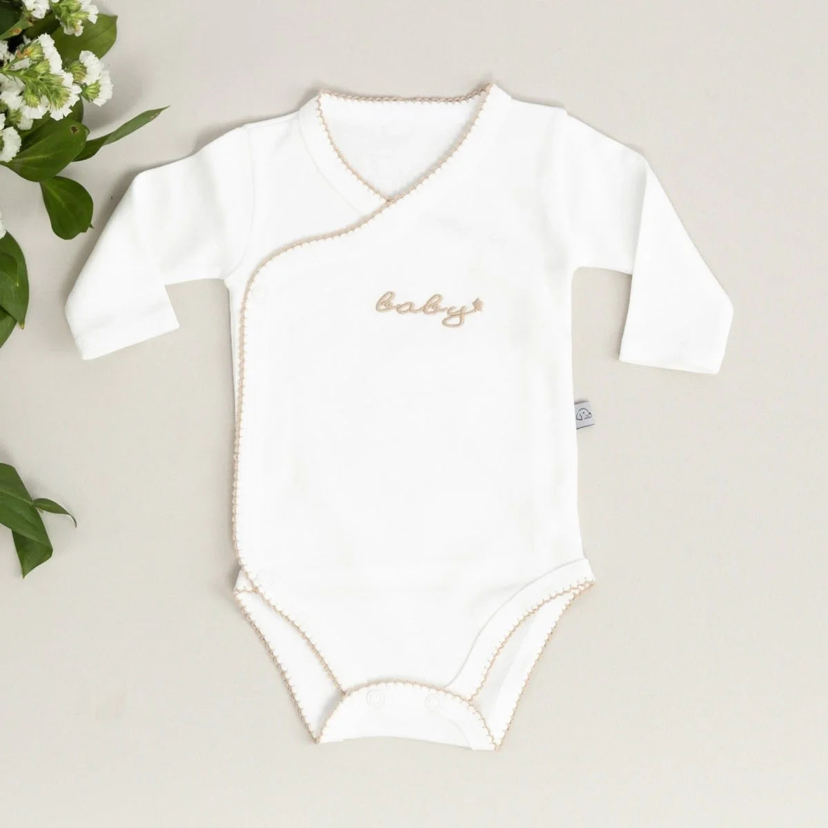 Baby Nakışlı Bej Tığ İşi Süslemeli Organik Uzun Kollu Zarf Zıbın