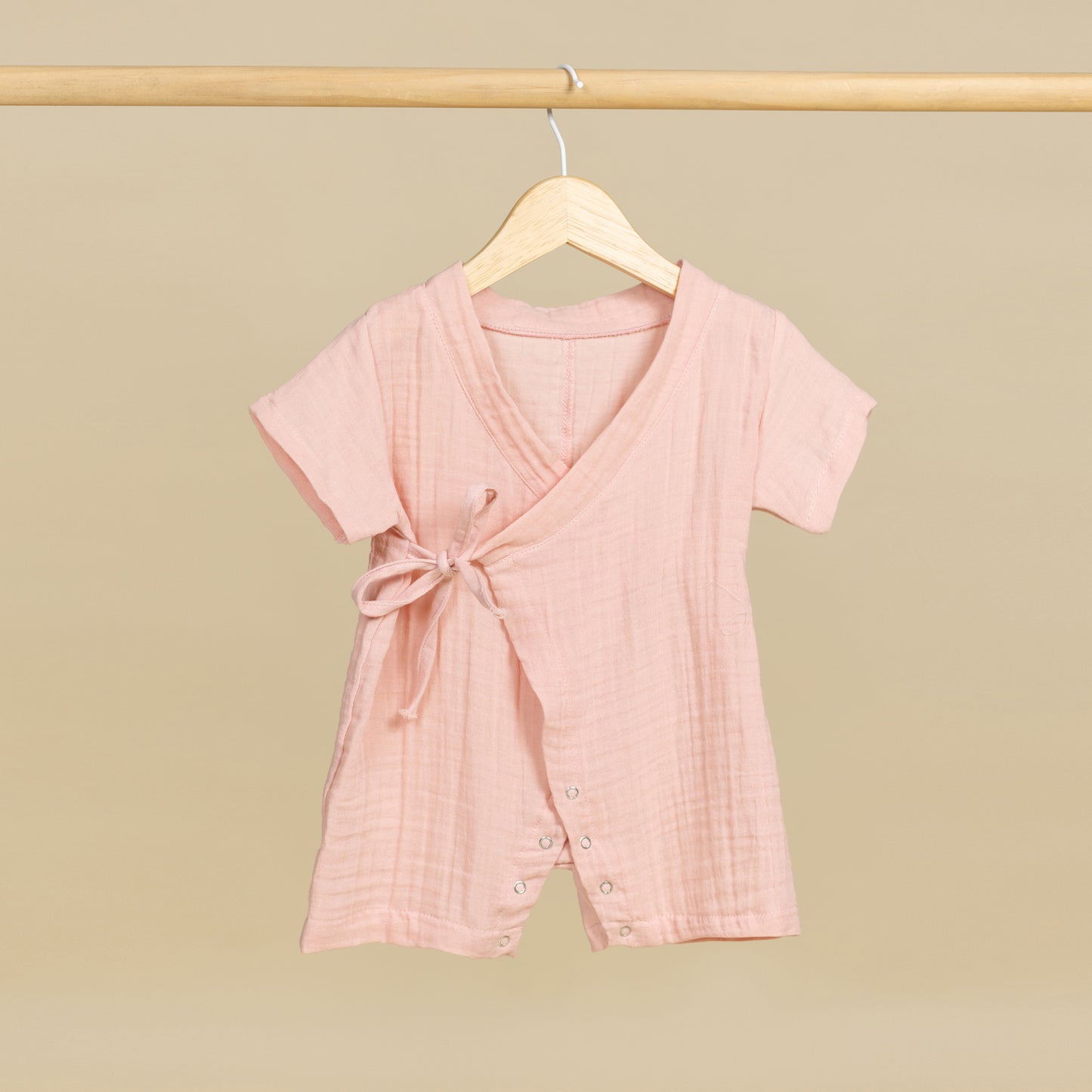 Müslin Kısa Kollu Kimono Toz Pembe Bebek Tulumu