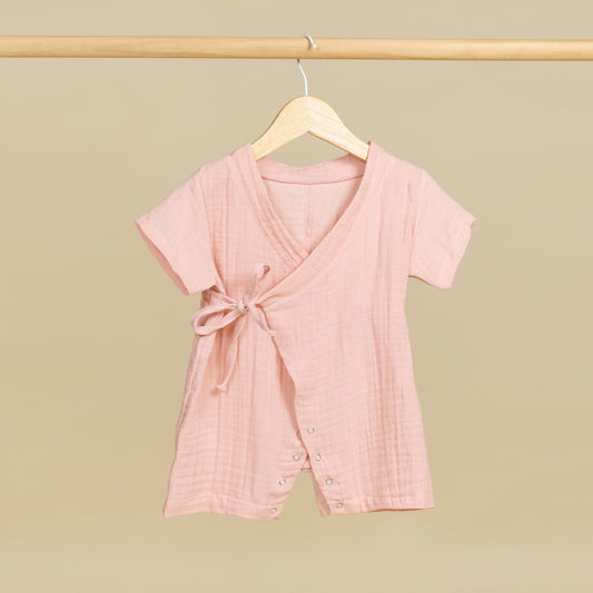 Müslin Kısa Kollu Kimono Toz Pembe Bebek Tulumu