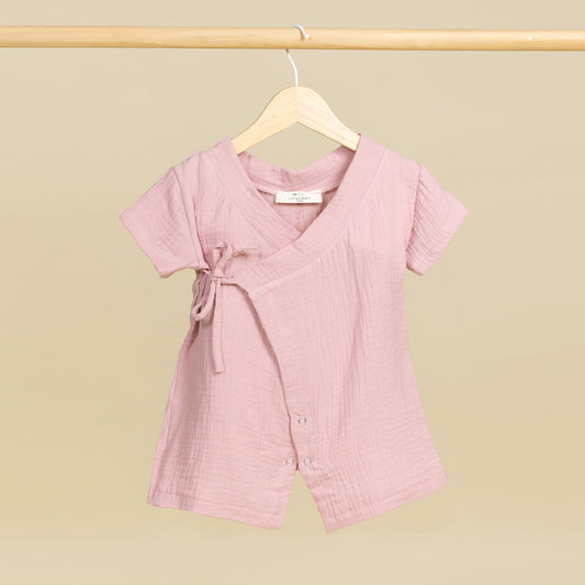 Müslin Kısa Kollu Kimono Pembe Bebek Tulumu