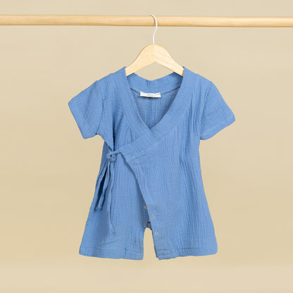 Müslin Kısa Kollu Kimono Mavi Bebek Tulumu
