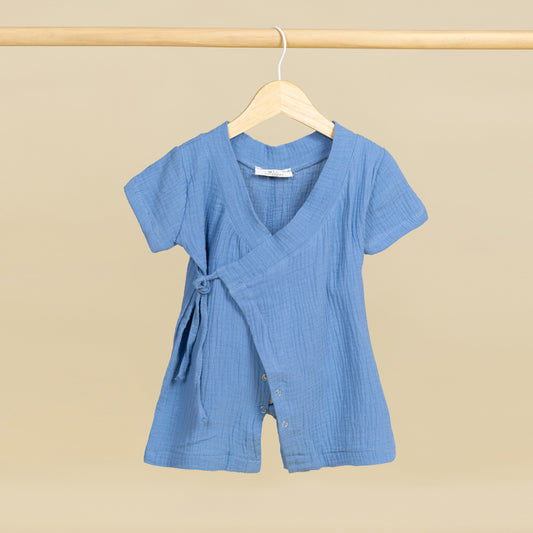 Müslin Kısa Kollu Kimono Mavi Bebek Tulumu