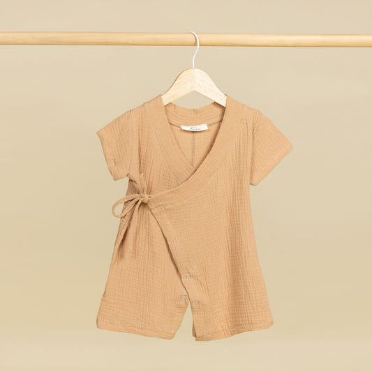 Müslin Kısa Kollu Kimono Camel Bebek Tulumu