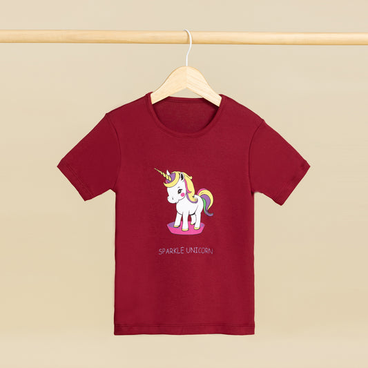 Sparkle Unicorn Baskılı Bordo Kız Çocuk Tişörtü