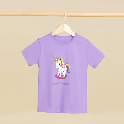 Sparkle Unicorn Baskılı Mor Kız Çocuk Tişörtü