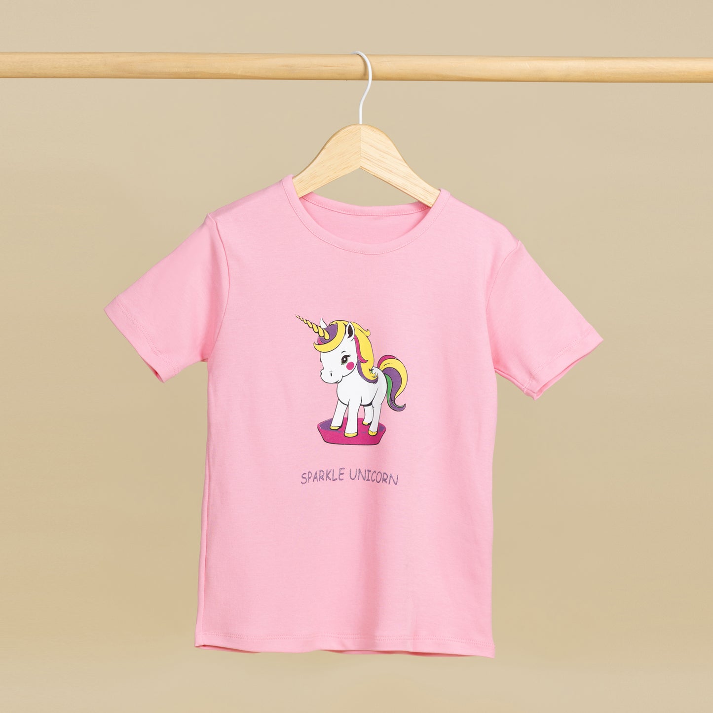 Sparkle Unicorn Baskılı Pembe Kız Çocuk Tişörtü