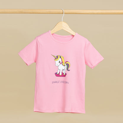 Sparkle Unicorn Baskılı Pembe Kız Çocuk Tişörtü