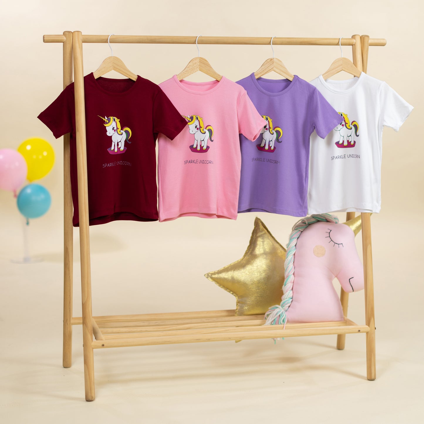 Sparkle Unicorn Baskılı Pembe Kız Çocuk Tişörtü