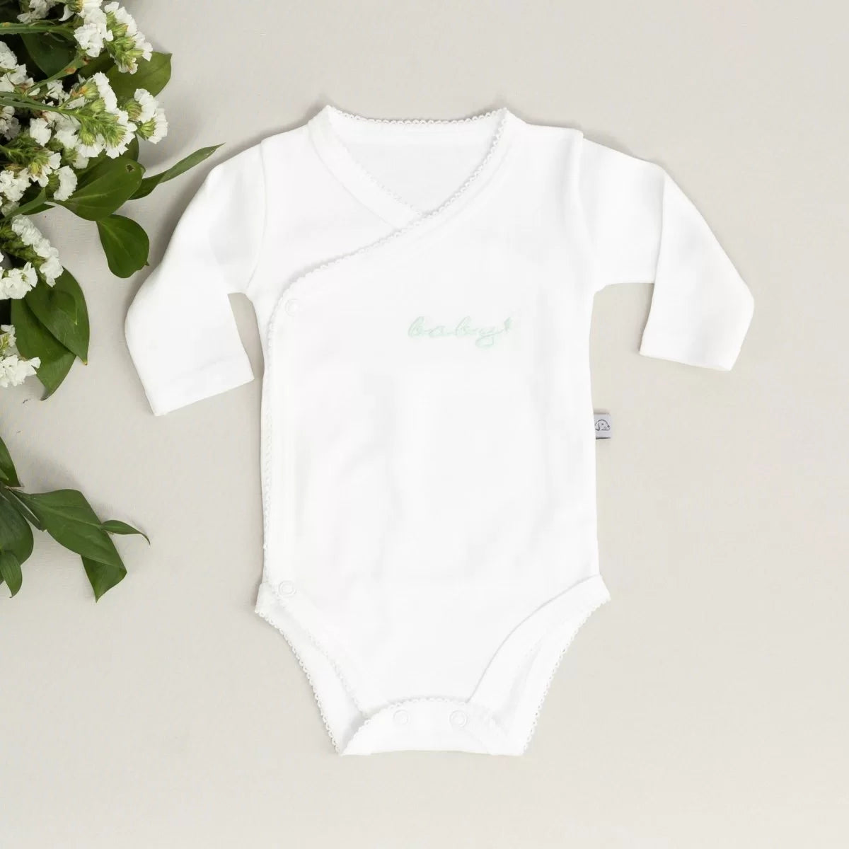 Baby Mint Nakışlı Beyaz Tığ İşi Süslemeli Organik Uzun Kollu Zarf Zıbın