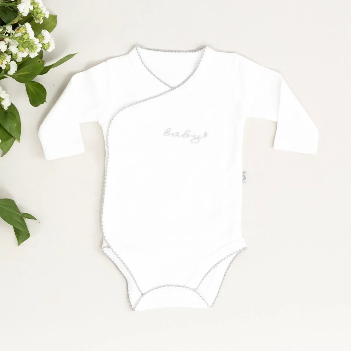Baby Nakışlı Gri Tığ İşi Süslemeli Organik Uzun Kollu Zarf Zıbın