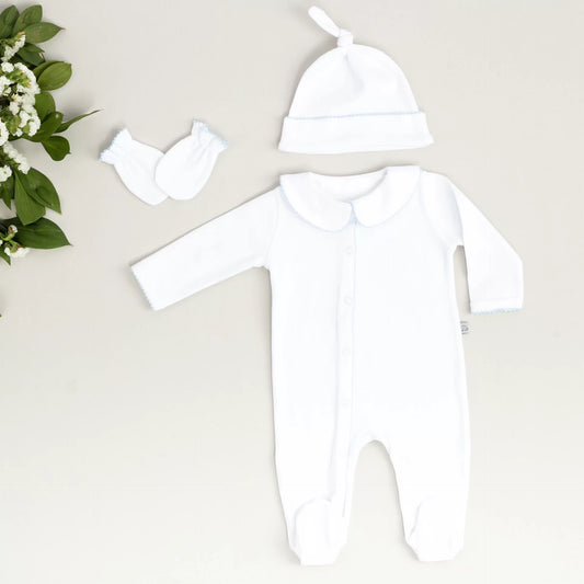 Elegant Bebe Mavi Tığ İşi Süslemeli 4'lü Organik Hastane Çıkışı
