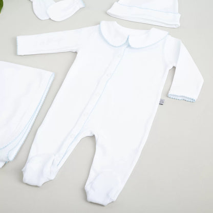 Elegant Bebe Mavi Tığ İşi Süslemeli 4'lü Organik Hastane Çıkışı