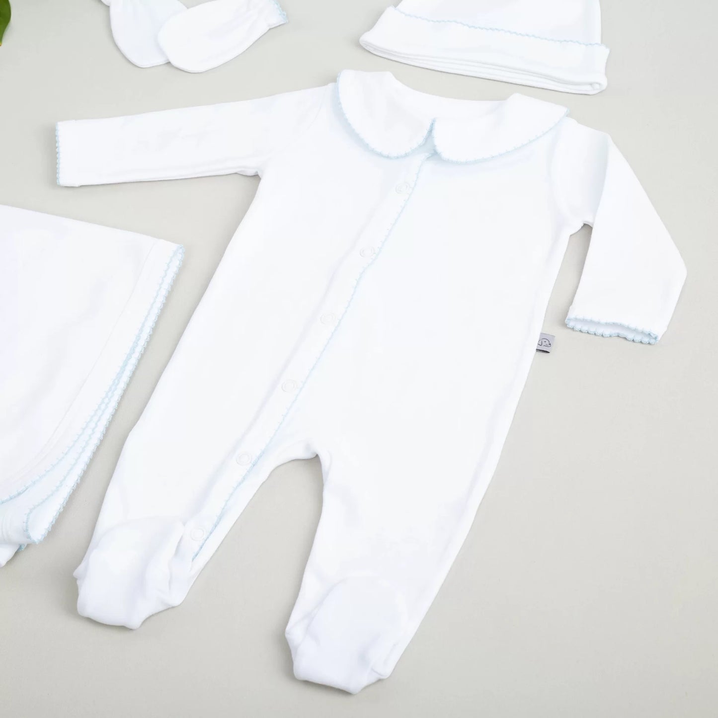 Elegant Bebe Mavi Tığ İşi Süslemeli 5'li Organik Hastane Çıkışı