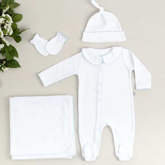 Elegant Bebe Mavi Tığ İşi Süslemeli 5'li Organik Hastane Çıkışı