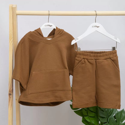 Oversize Şortlu Kahverengi Sweatshirt Takım